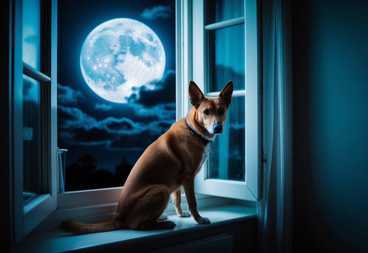 A dog sits alertly by a window, the moon casting an eerie glow as the clock strikes midnight. The room is bathed in shadows, and the dog's ears are perked, ready for whatever may come in the witching hour