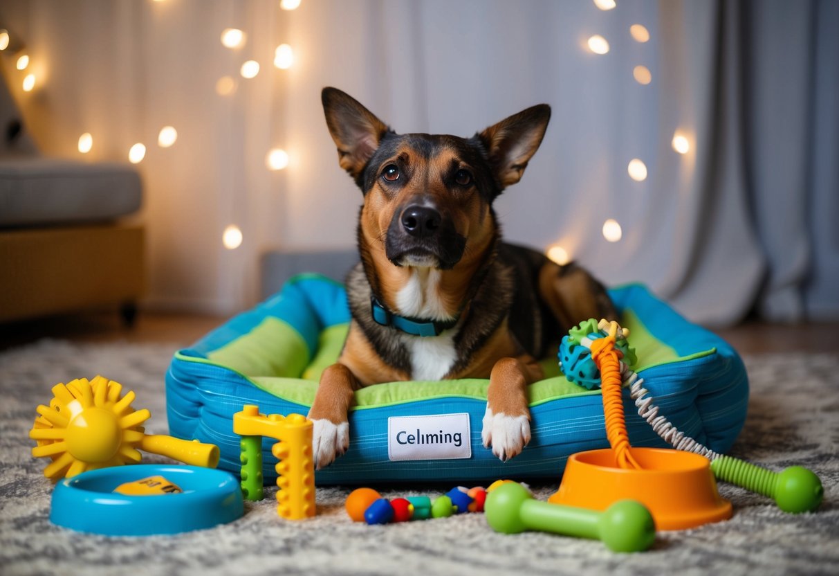 A dog surrounded by calming toys and tools, such as a chew toy, a puzzle feeder, and a calming bed, as it relaxes during the witching hour