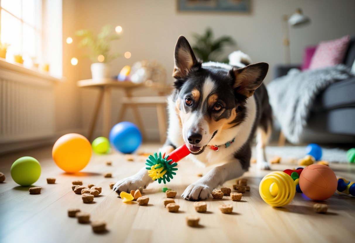 A dog eagerly plays with its favorite toys in a sunlit room, surrounded by scattered treats and a variety of engaging activities