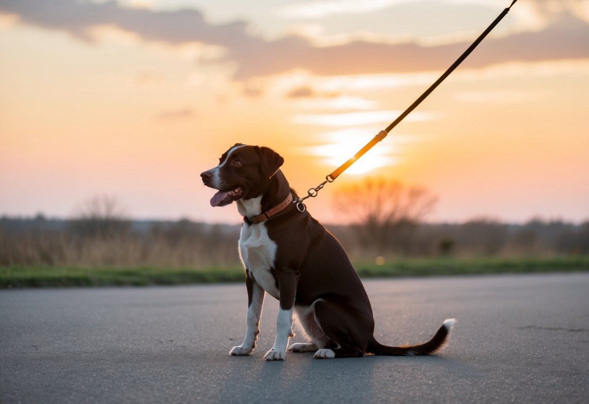 A dog sits alone, leash dangling, as the sun sets outside