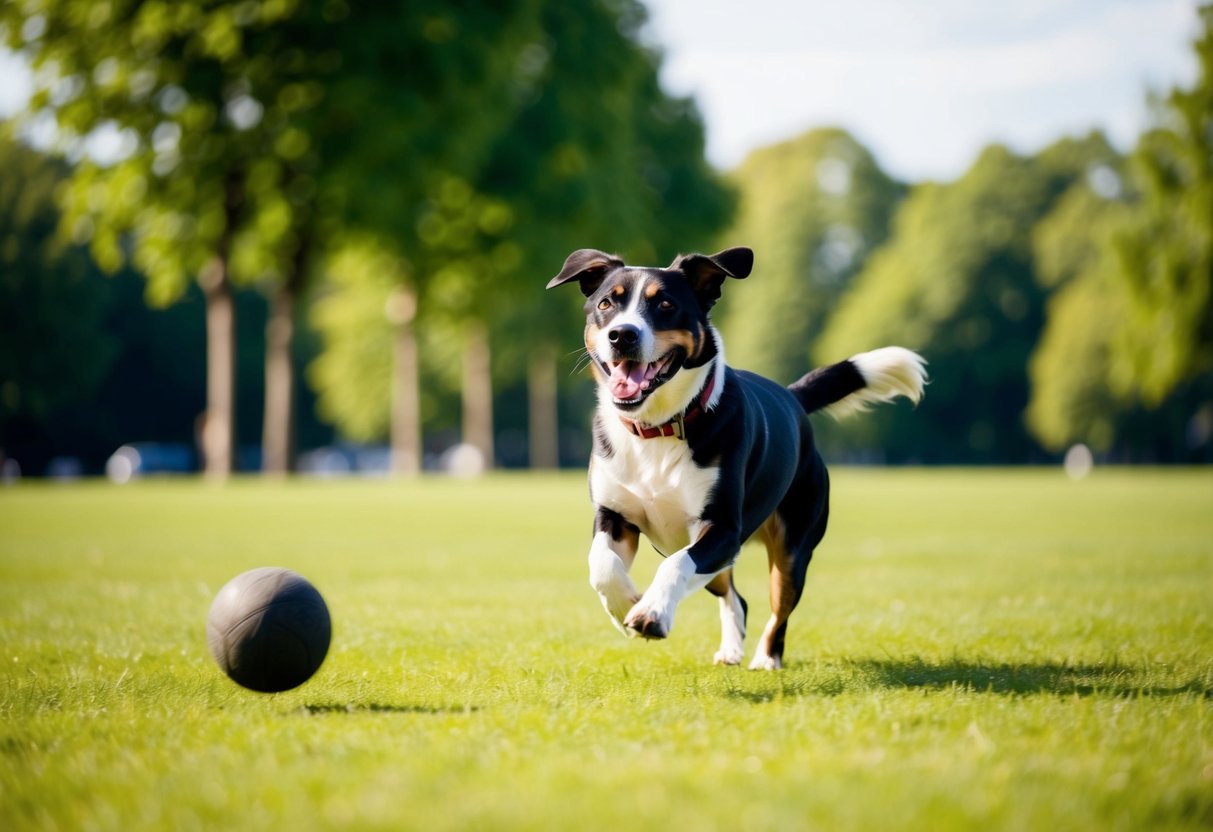 A happy dog running through a green park, chasing a ball with a wagging tail