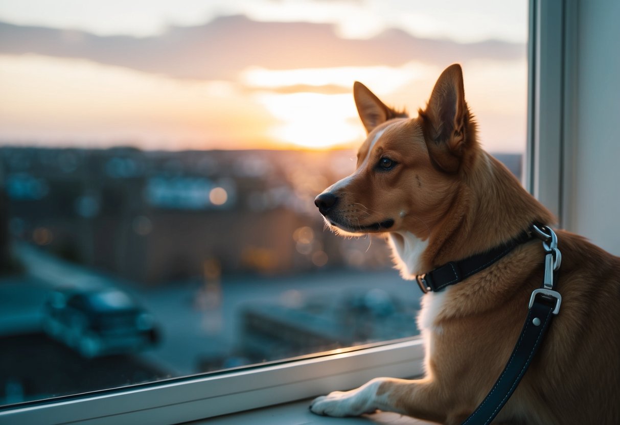 A dog sitting by the window, looking longingly at the outside world. Its leash hangs untouched, while the sun sets in the background