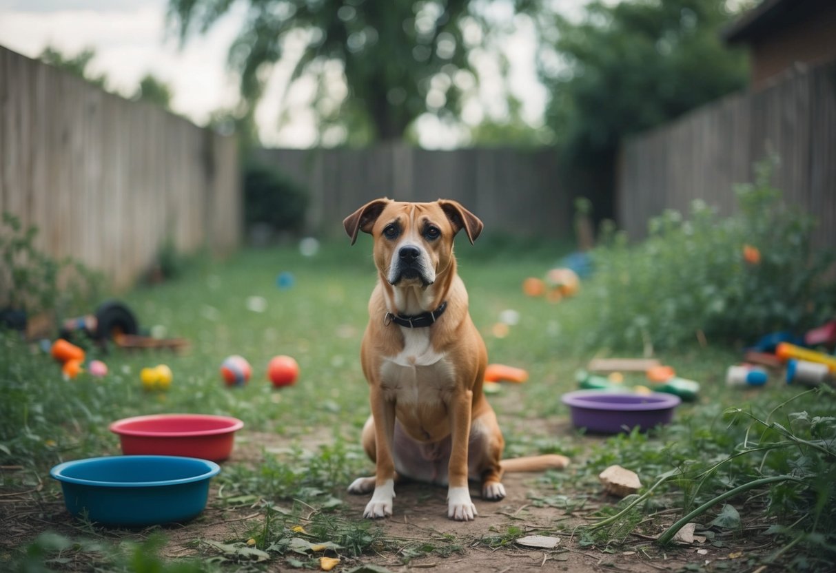 A sad, neglected dog sits alone in a messy, overgrown yard, surrounded by scattered toys and empty food bowls