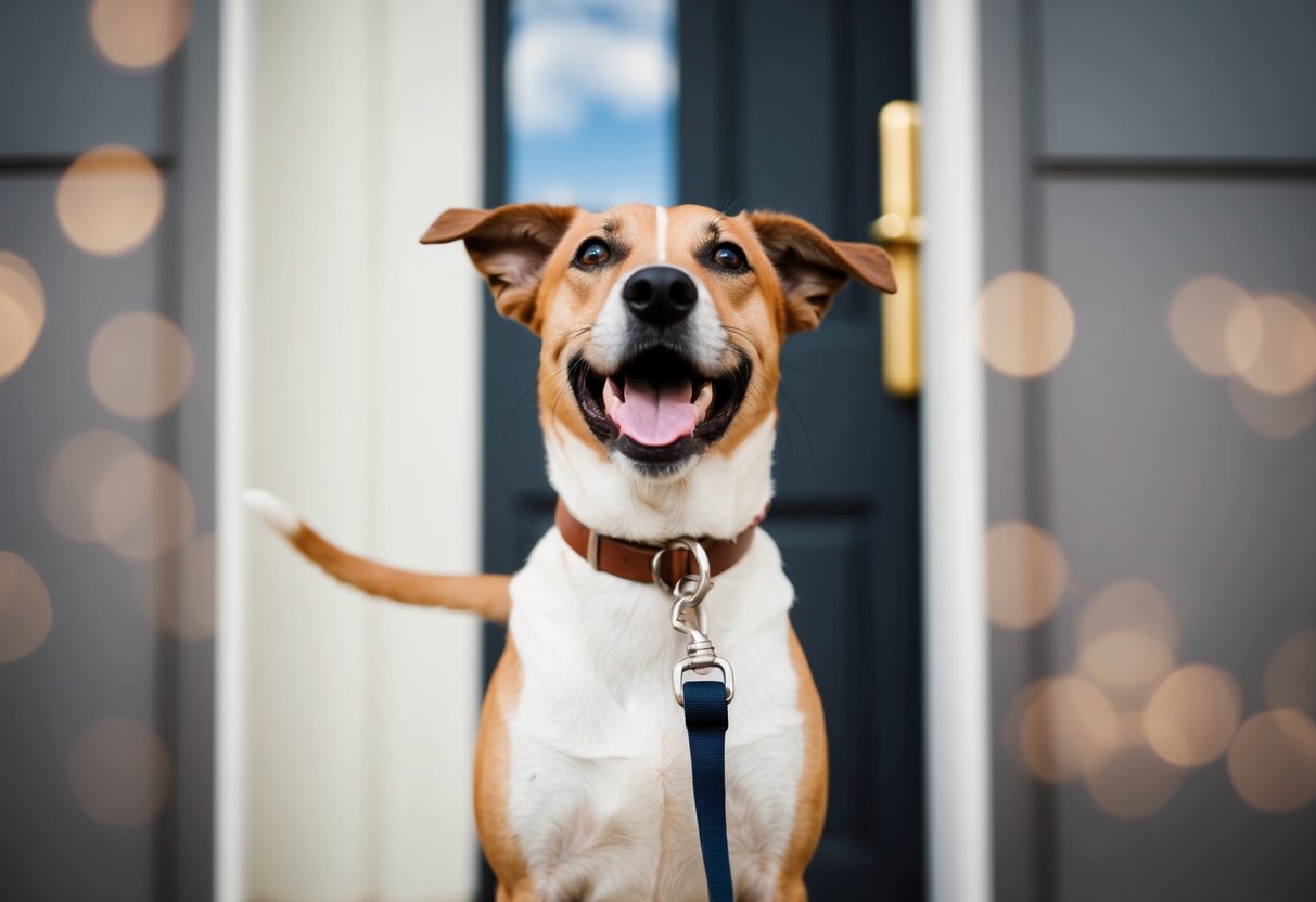A happy dog with a leash in its mouth, wagging its tail eagerly, while looking up at a door, ready for a daily walk