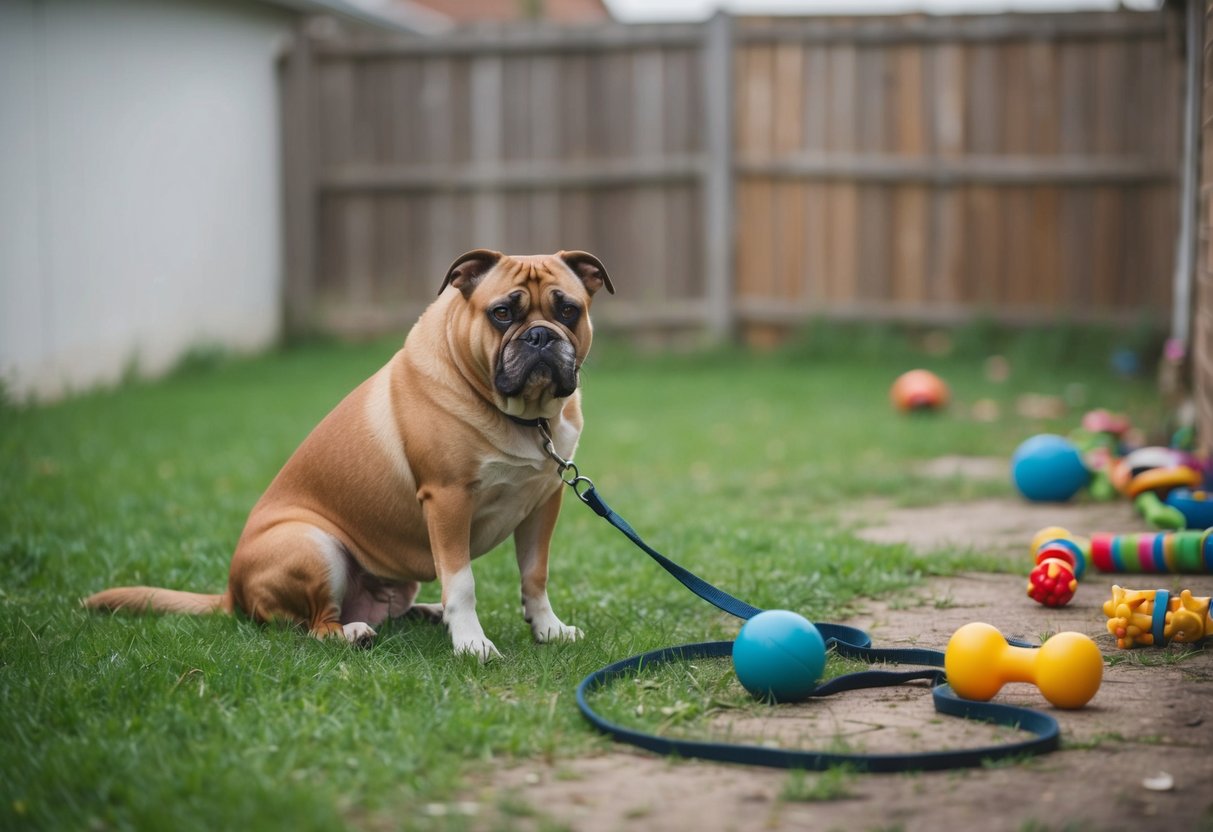 A sad, overweight dog sits alone in a messy, neglected backyard, surrounded by unused toys and an empty leash