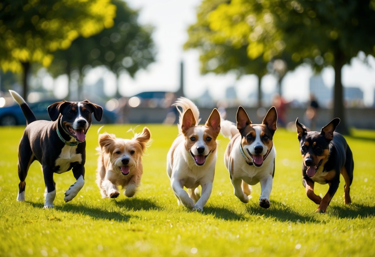 A group of dogs of various breeds playing in a sunny, grassy park