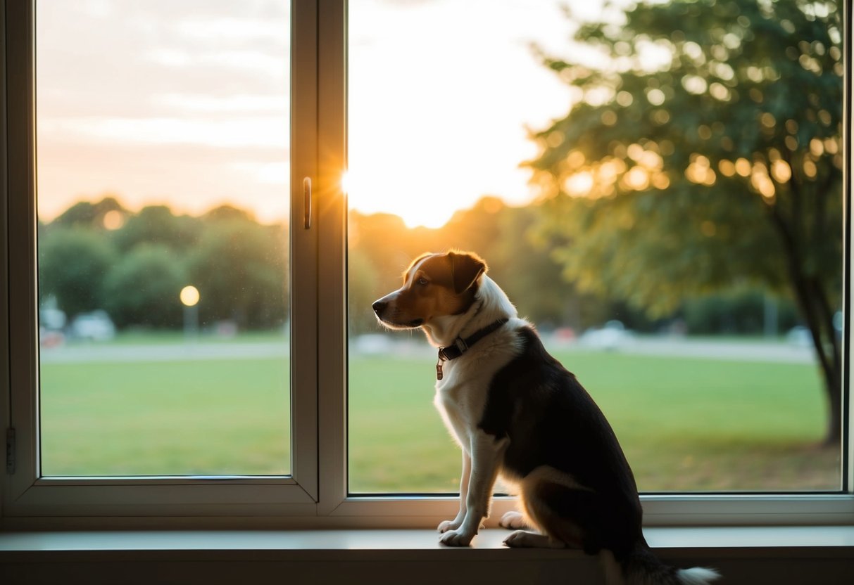 A dog sitting alone, looking out a window at a park, while the sun sets outside