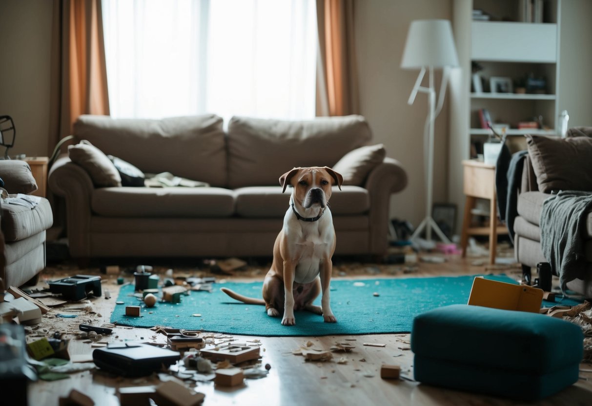 A sad dog sits alone in a messy, neglected living room, surrounded by chewed-up items and torn furniture