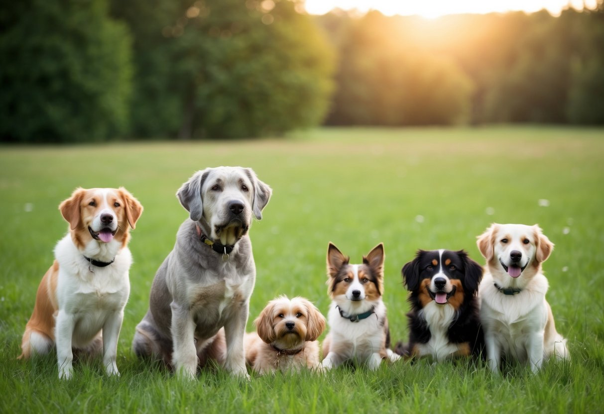 A serene, green meadow with a wise-looking, graying dog surrounded by peaceful, contented canine companions of various breeds