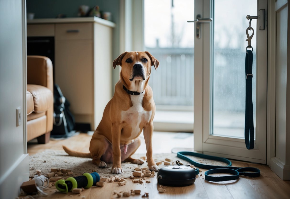 A bored dog sits alone in a messy living room, surrounded by chewed-up items. Outside, a neglected leash hangs on a hook by the door