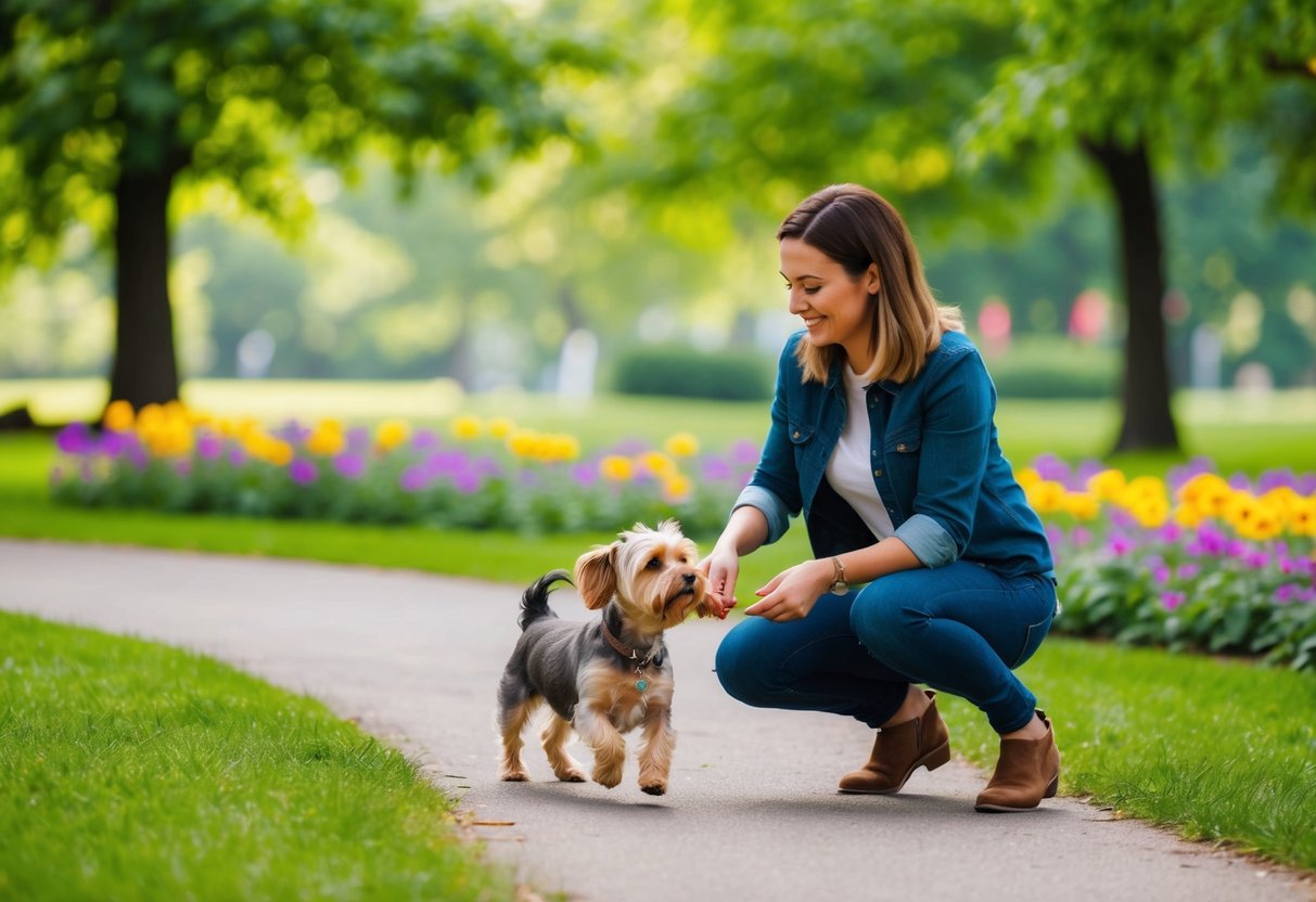 A serene park with a small dog happily playing with its owner, surrounded by lush greenery and vibrant flowers