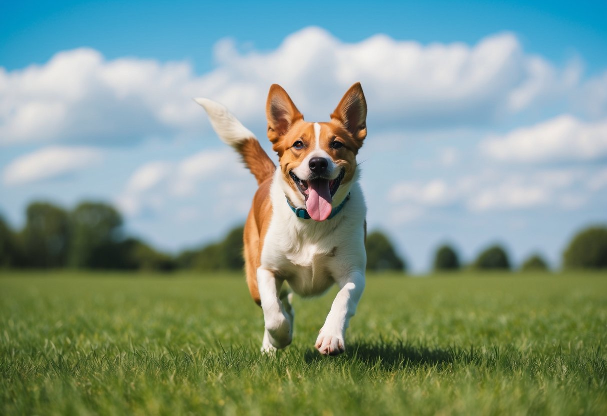 A joyful dog with wagging tail runs in circles in a grassy field, tongue out and ears flopping, with a bright, sunny sky overhead