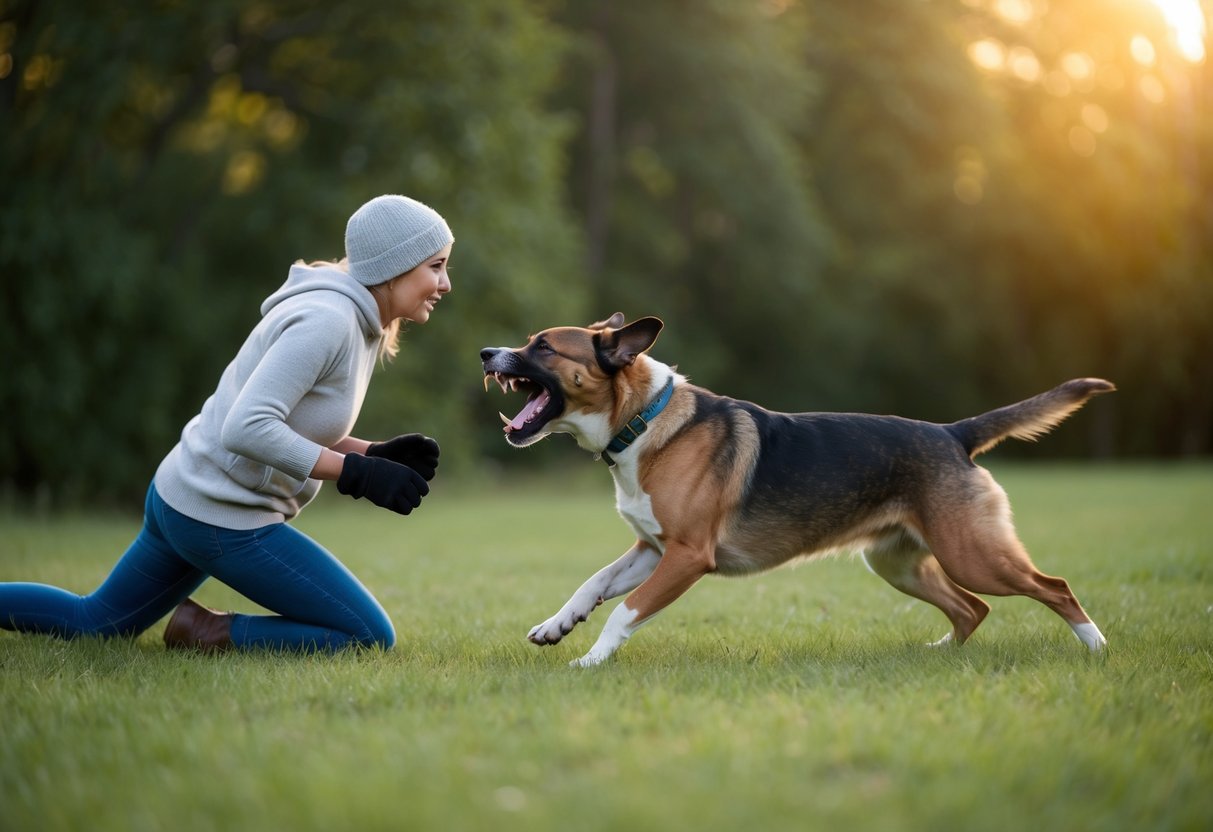 A snarling dog lunges at a cowering figure, teeth bared and fur bristling