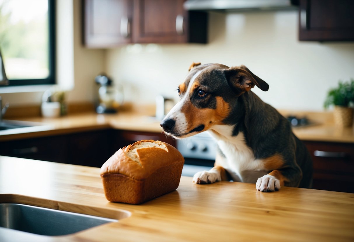 A dog eagerly sniffs a loaf of bread on the kitchen counter