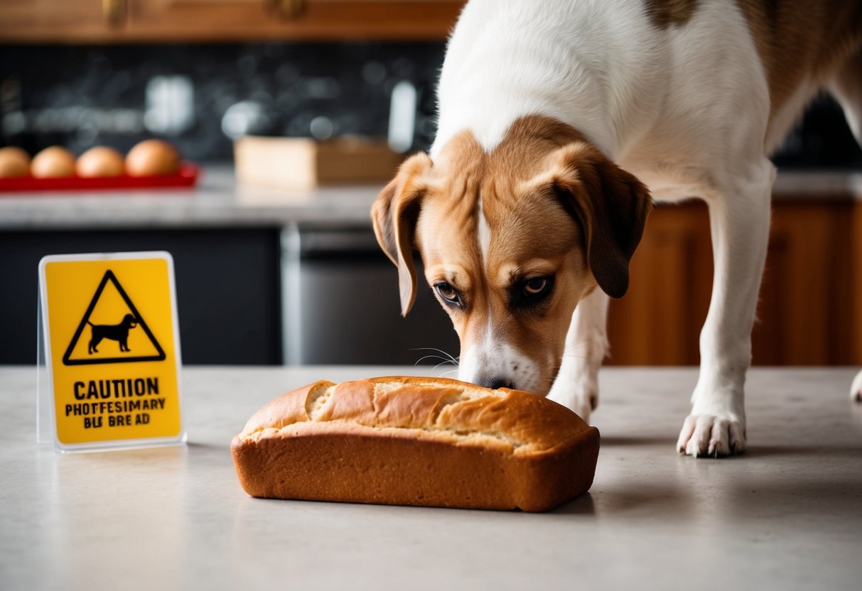 A dog turning away from a loaf of bread with a cautionary sign nearby