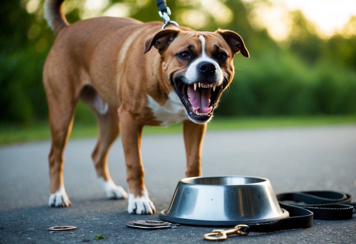 A snarling dog baring its teeth, standing over a knocked over food bowl. A broken leash lies nearby