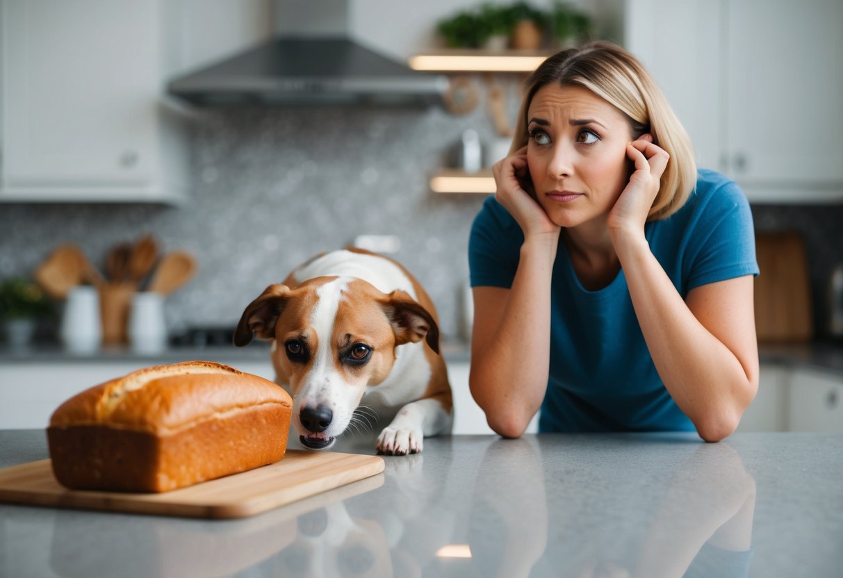 A dog eagerly sniffs a loaf of bread on the kitchen counter while its owner looks on with a concerned expression