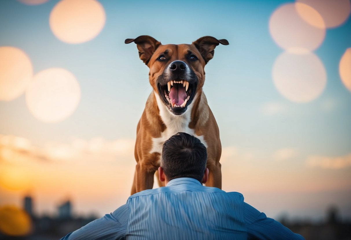 A snarling dog standing over a cowering figure, teeth bared and ears flattened, showing signs of aggression towards its owner