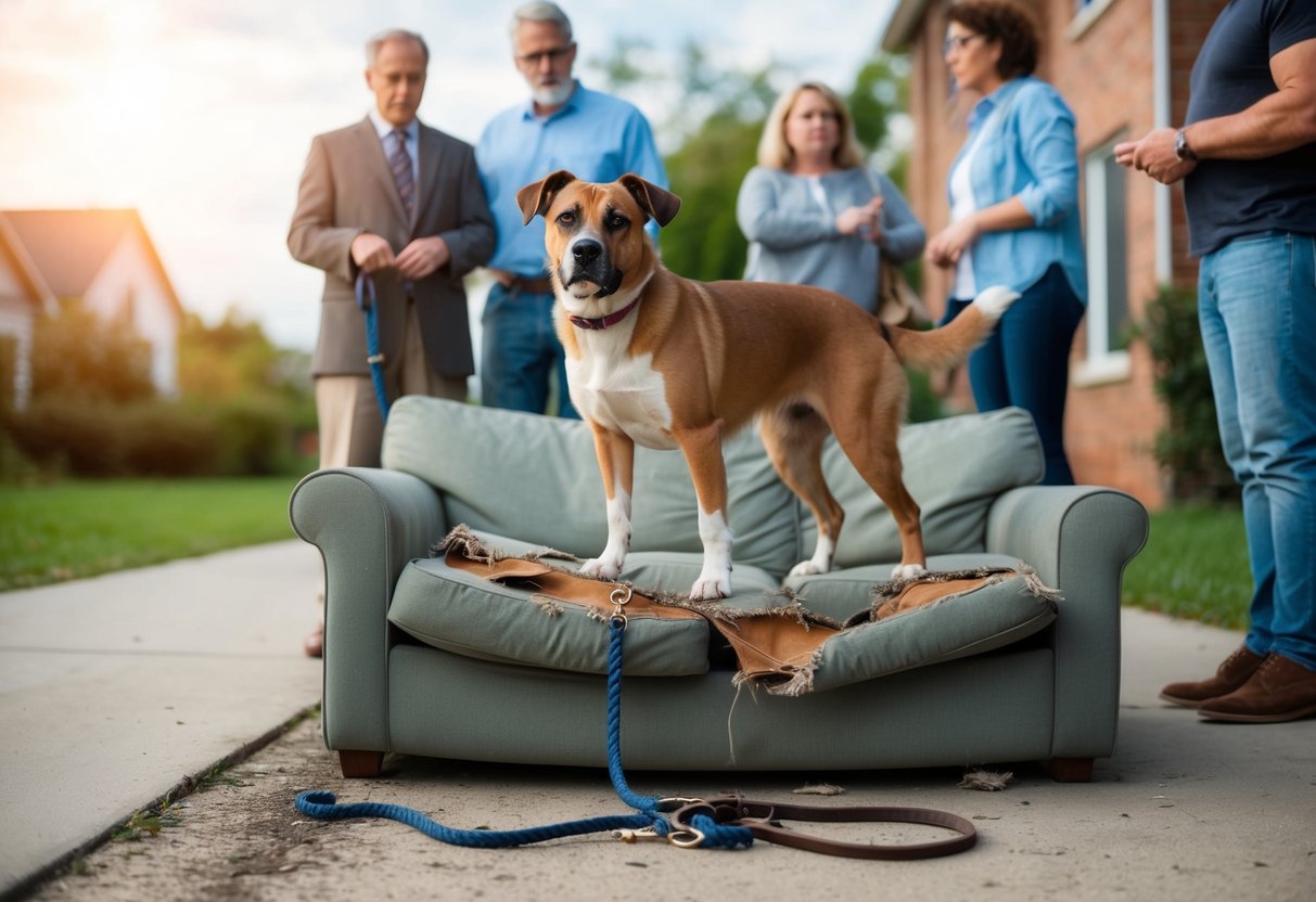 A dog standing over a torn-up couch, with a broken leash nearby. A worried owner looks on as neighbors gossip