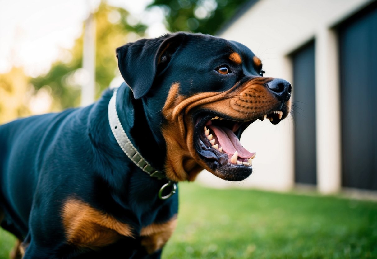 A snarling Rottweiler lunges at its owner, teeth bared and eyes filled with aggression
