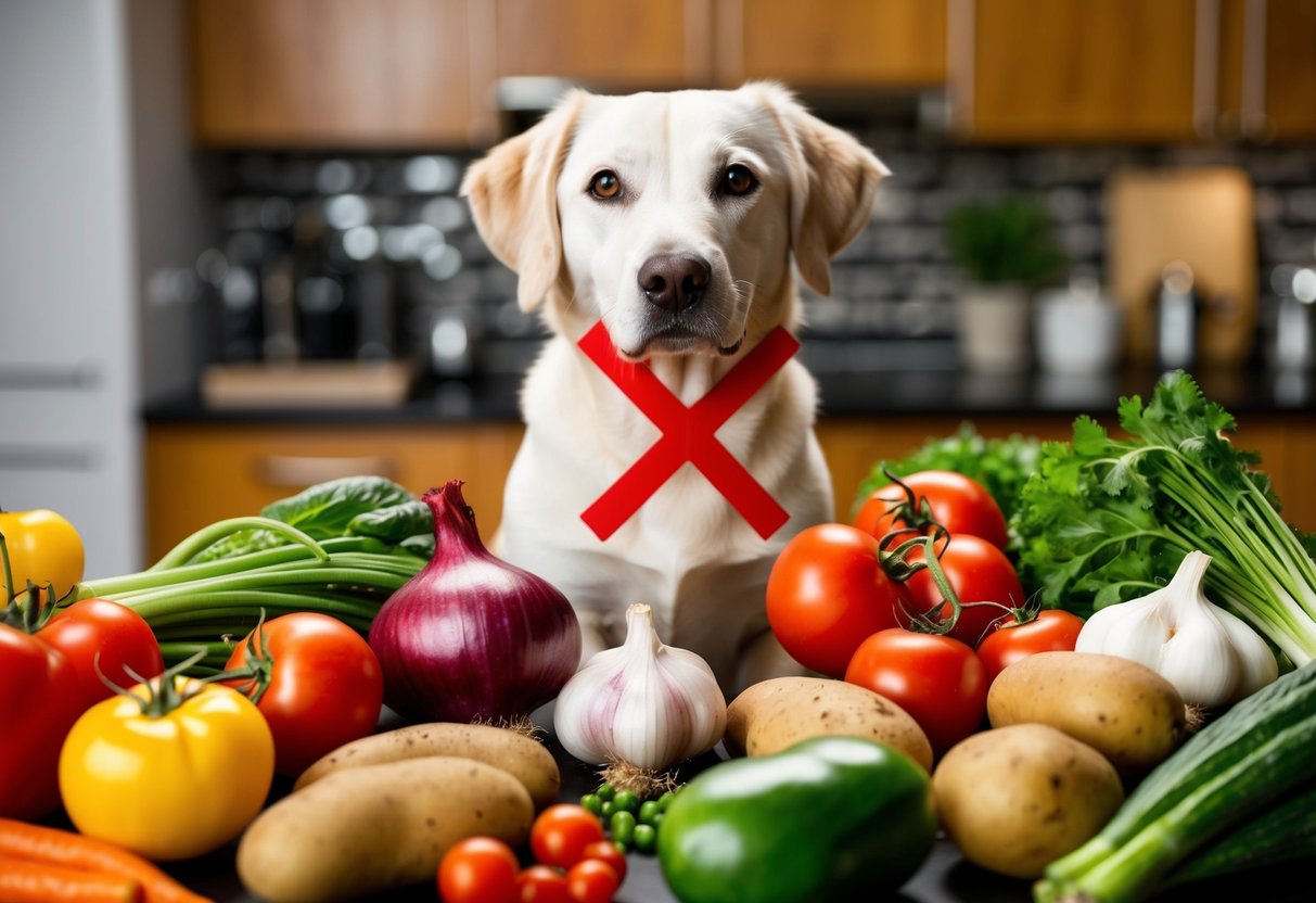 A dog surrounded by a variety of vegetables, with a big red X over onions, garlic, tomatoes, and potatoes