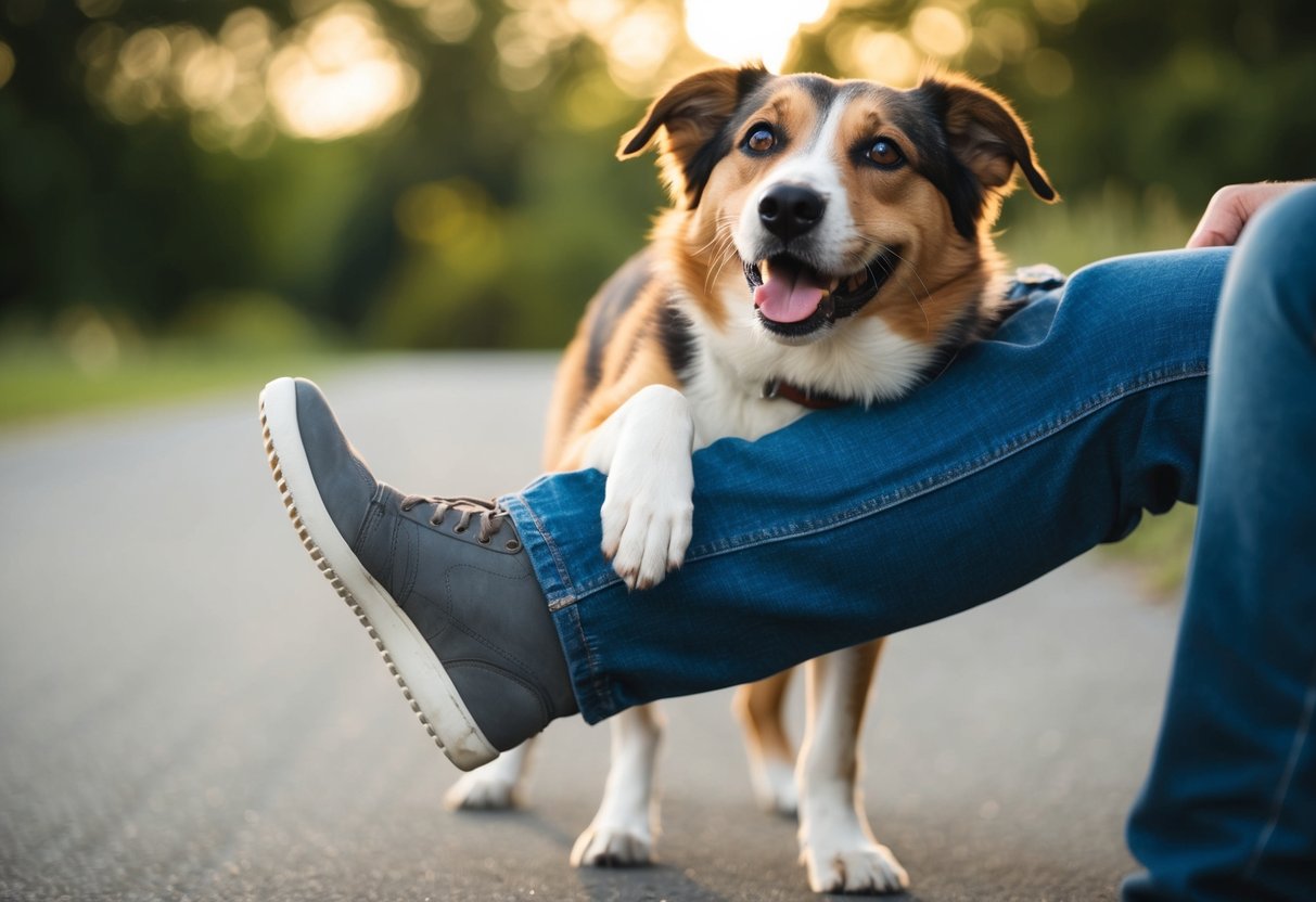 A dog placing a paw on a person's leg, looking up with a relaxed expression