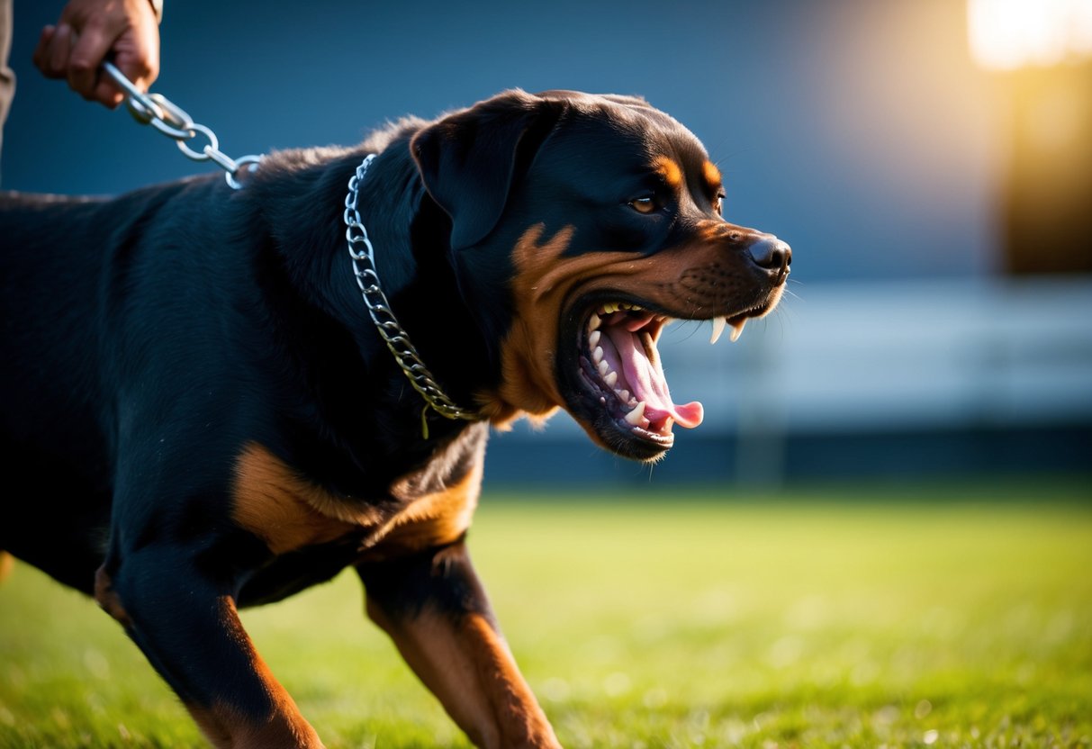 A snarling Rottweiler lunges at its owner during a training session, teeth bared and eyes filled with aggression