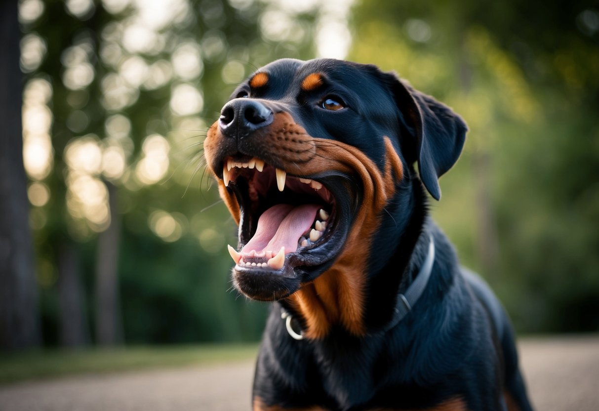 A snarling Rottweiler lunges at its owner, teeth bared and eyes fierce