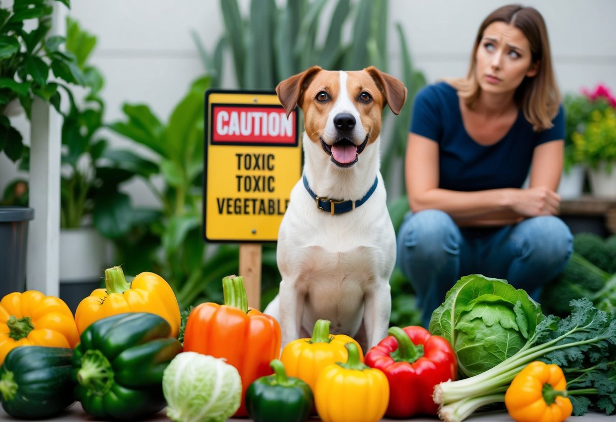 A dog surrounded by toxic vegetables, with a caution sign and a worried owner in the background