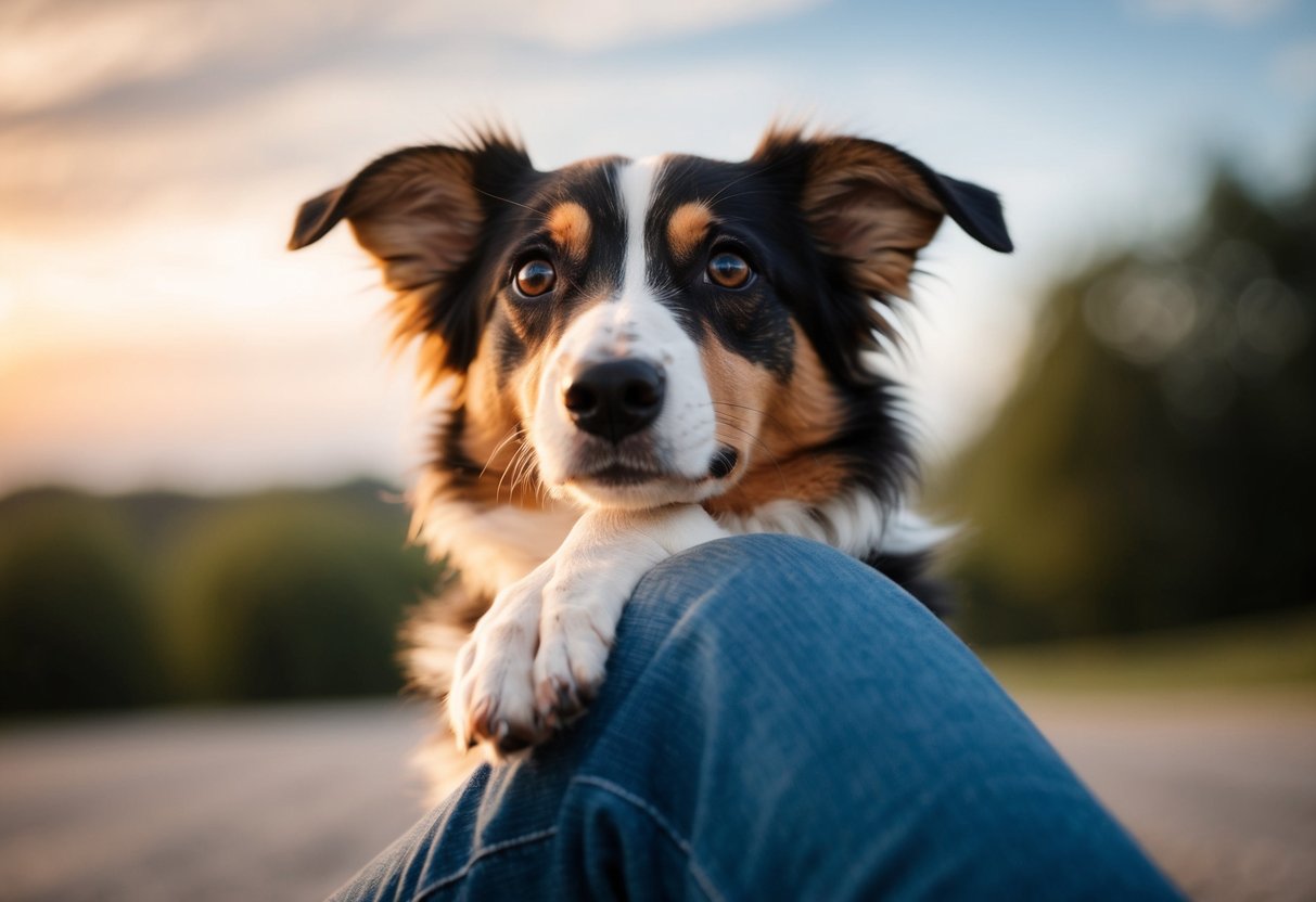 A dog with a paw resting gently on a person's leg, looking up with a curious and attentive expression