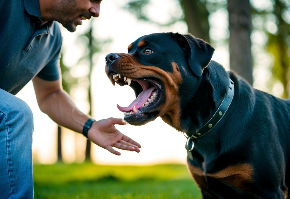 A snarling Rottweiler lunges at its owner, teeth bared and eyes filled with aggression