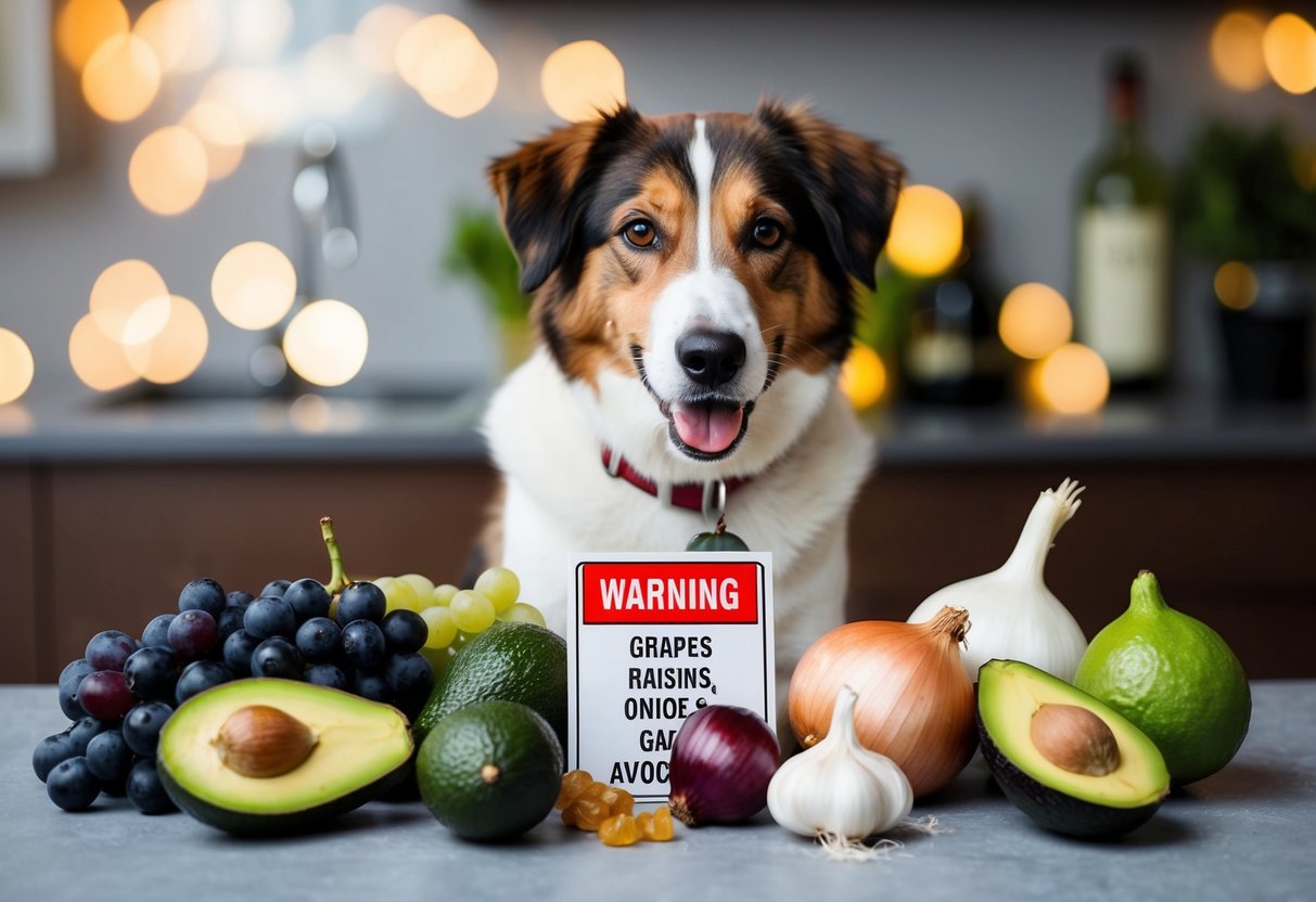 A dog surrounded by grapes, raisins, onions, garlic, and avocados with a warning sign