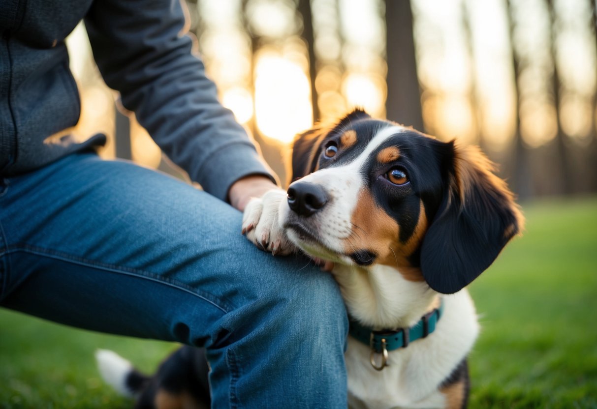 A dog with a paw on a person's leg, looking up with a relaxed expression