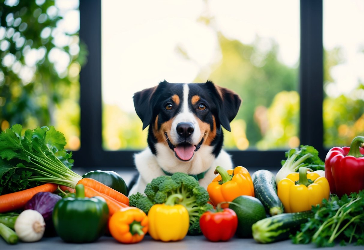 A dog surrounded by a variety of safe vegetables, with a clear indication of which ones are harmful