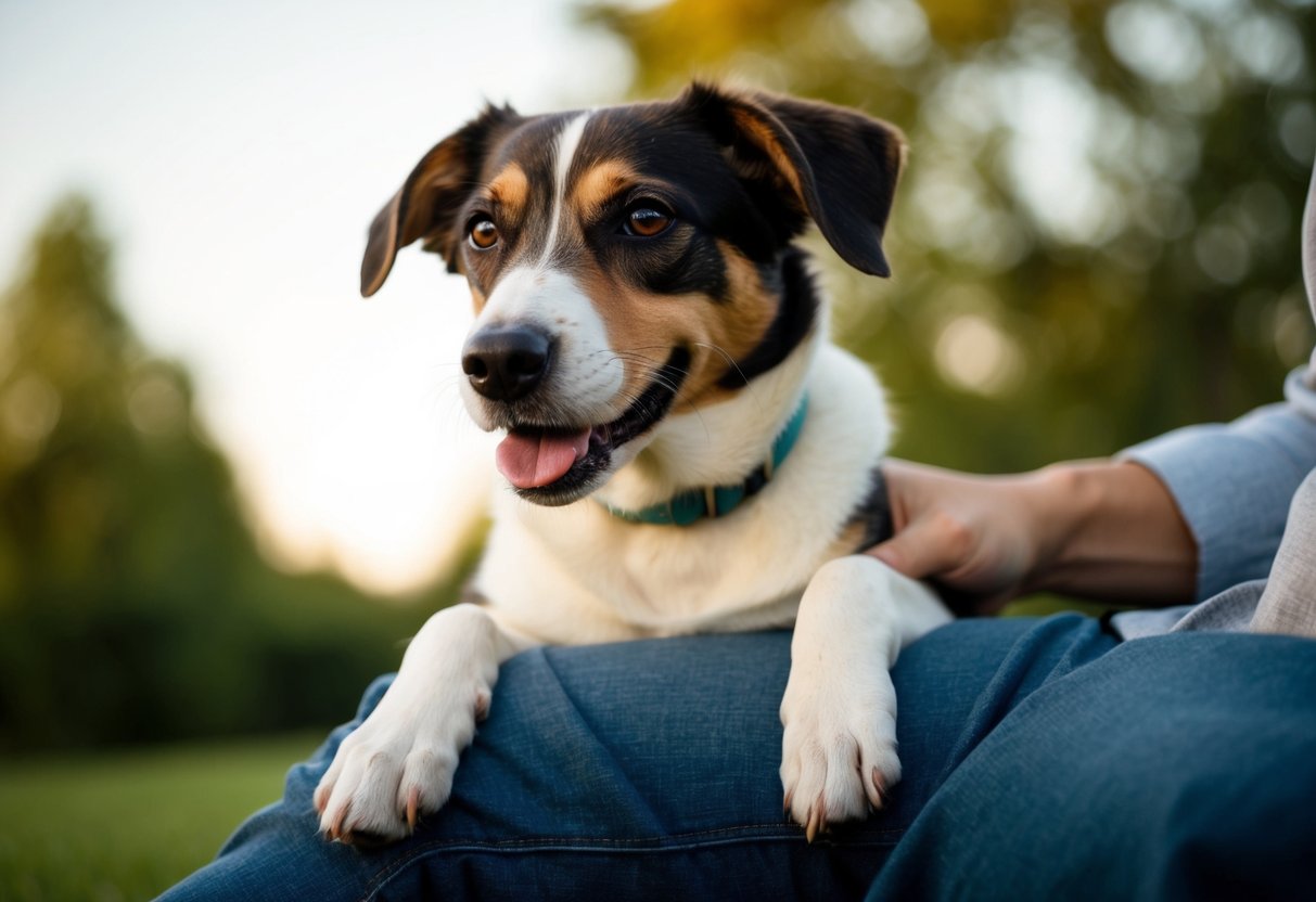 A dog with a paw resting gently on a person's leg, looking up with a content expression