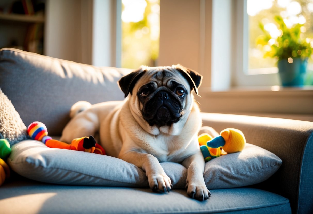 A contented pug lounges on a cozy couch, surrounded by toys and a comfortable bed, while sunlight streams in through the window
