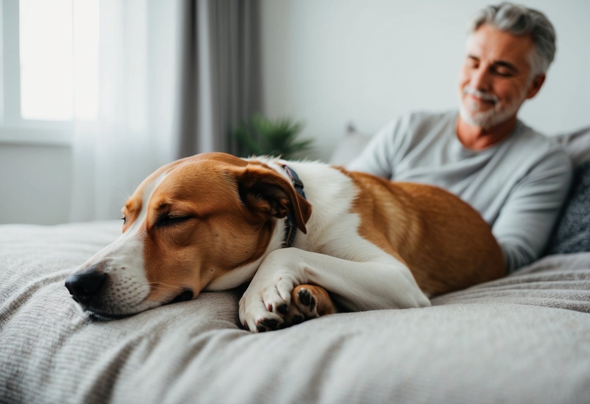 A dog peacefully sleeping on a cozy bed next to its owner, both looking content and relaxed in each other's company