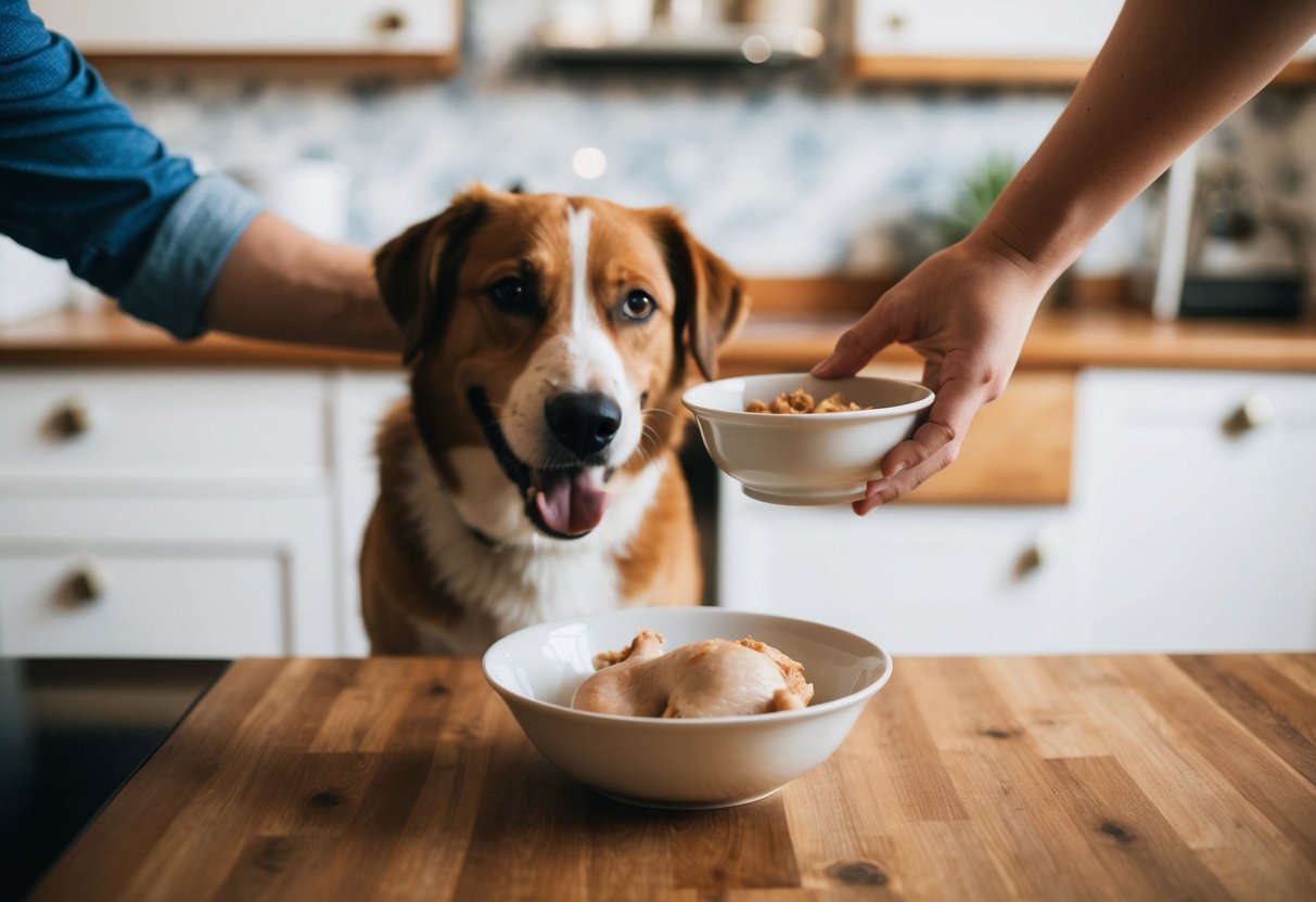 A person placing a bowl of boiled chicken in front of a happy dog