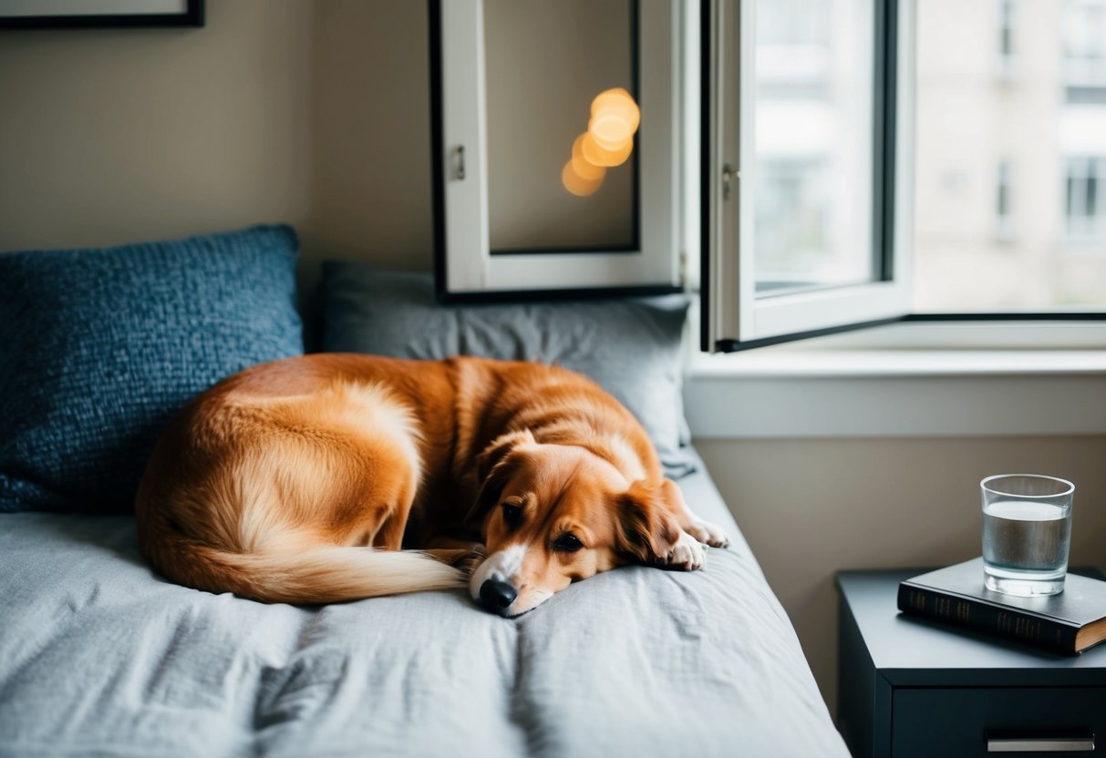 A dog curled up on a cozy bed, with a nearby open window and a nightstand with a glass of water and a book