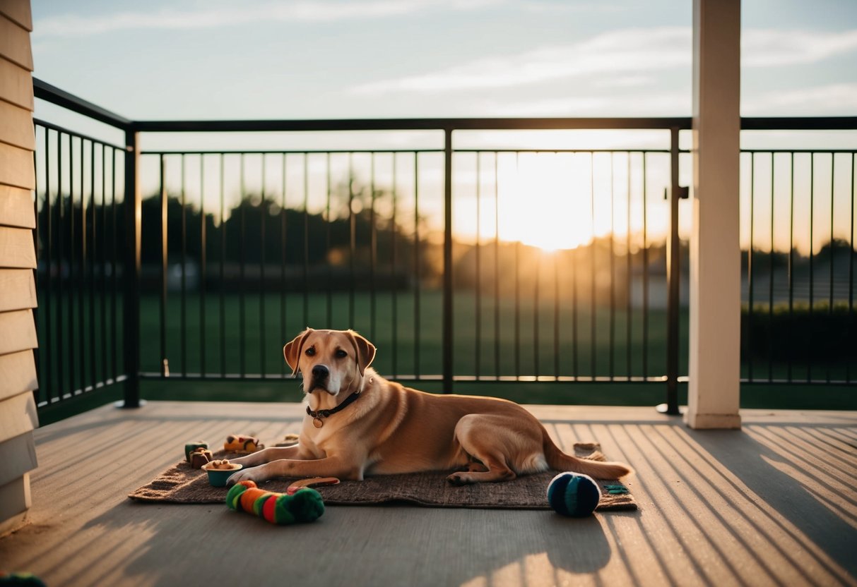 A lone dog lounges on a porch, surrounded by toys and food. The sun sets behind a fence, casting long shadows