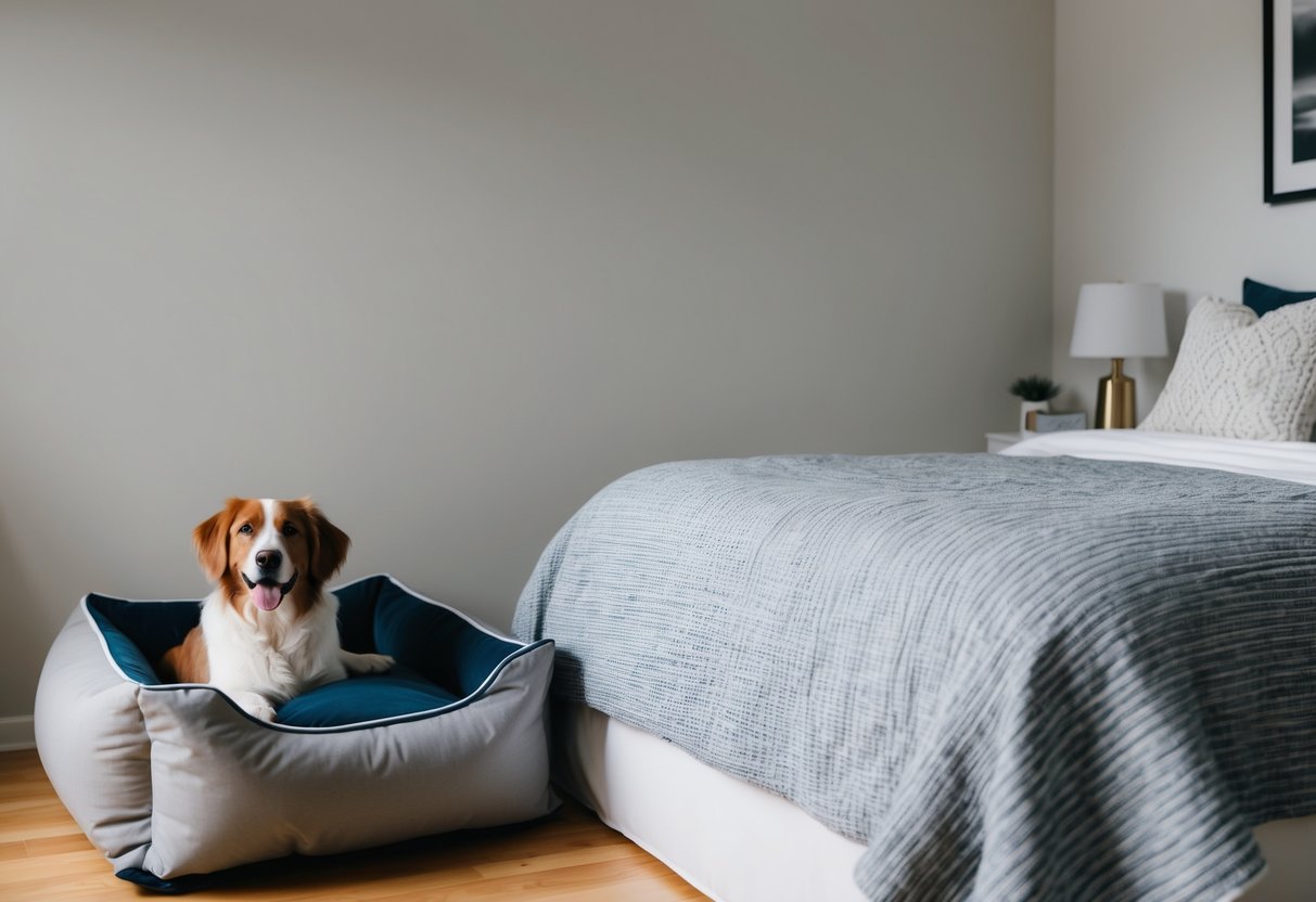 A cozy bedroom with a large dog bed beside a neatly made human bed, with a wagging tail peeking out from under the covers