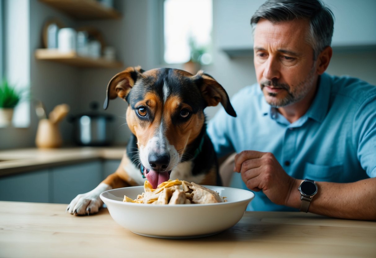A dog eagerly eats a bowl of boiled chicken while a concerned owner looks on, weighing the benefits and risks