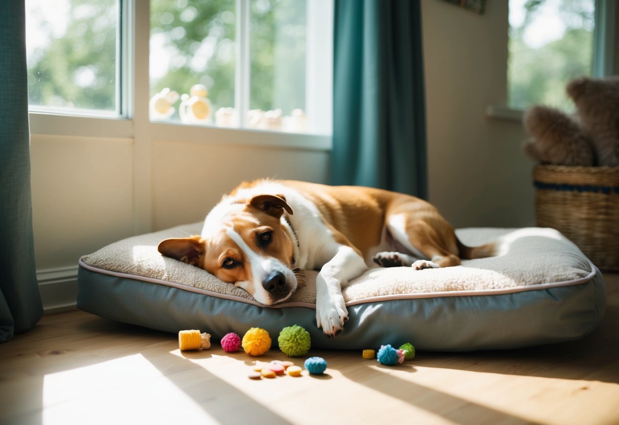 A calm dog lying contentedly on a cozy bed, surrounded by toys and treats, as sunlight streams through a window