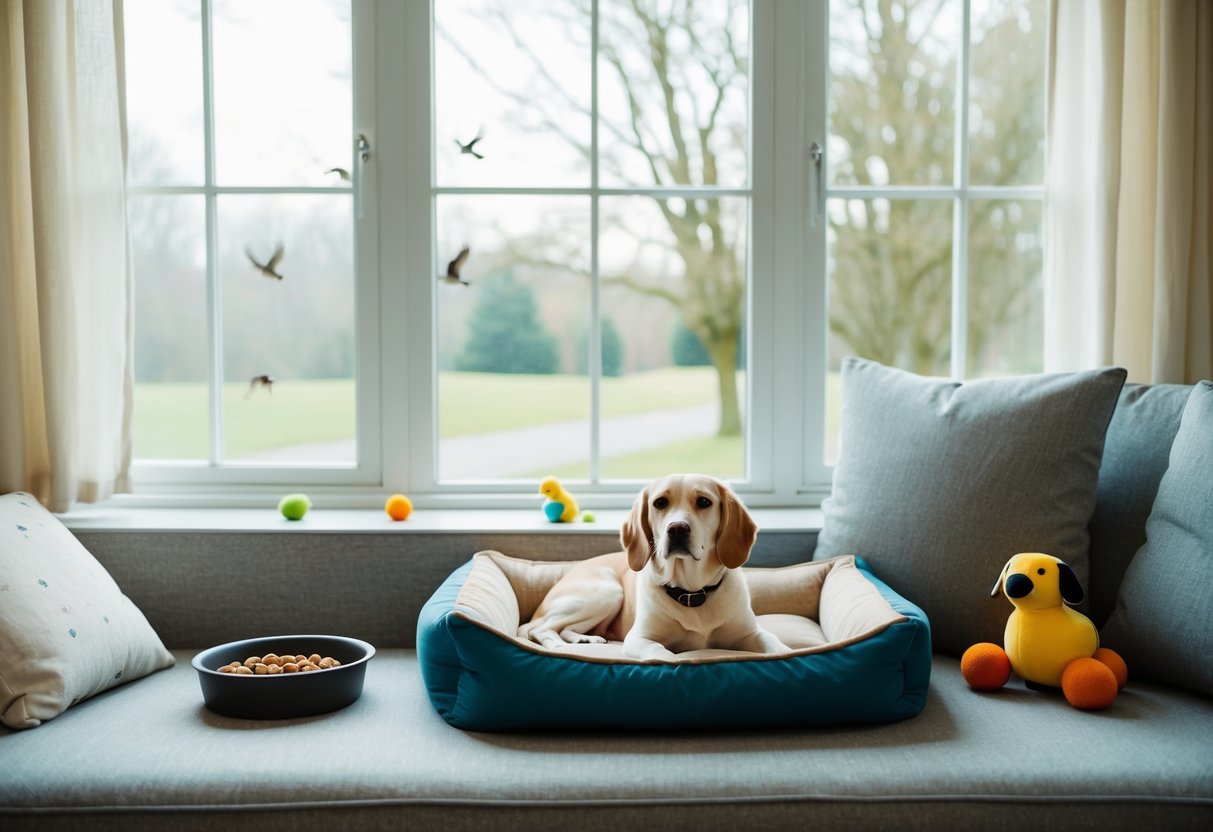 A cozy living room with a dog bed, toys, and a food and water bowl. A window shows a peaceful outdoor scene with trees and birds