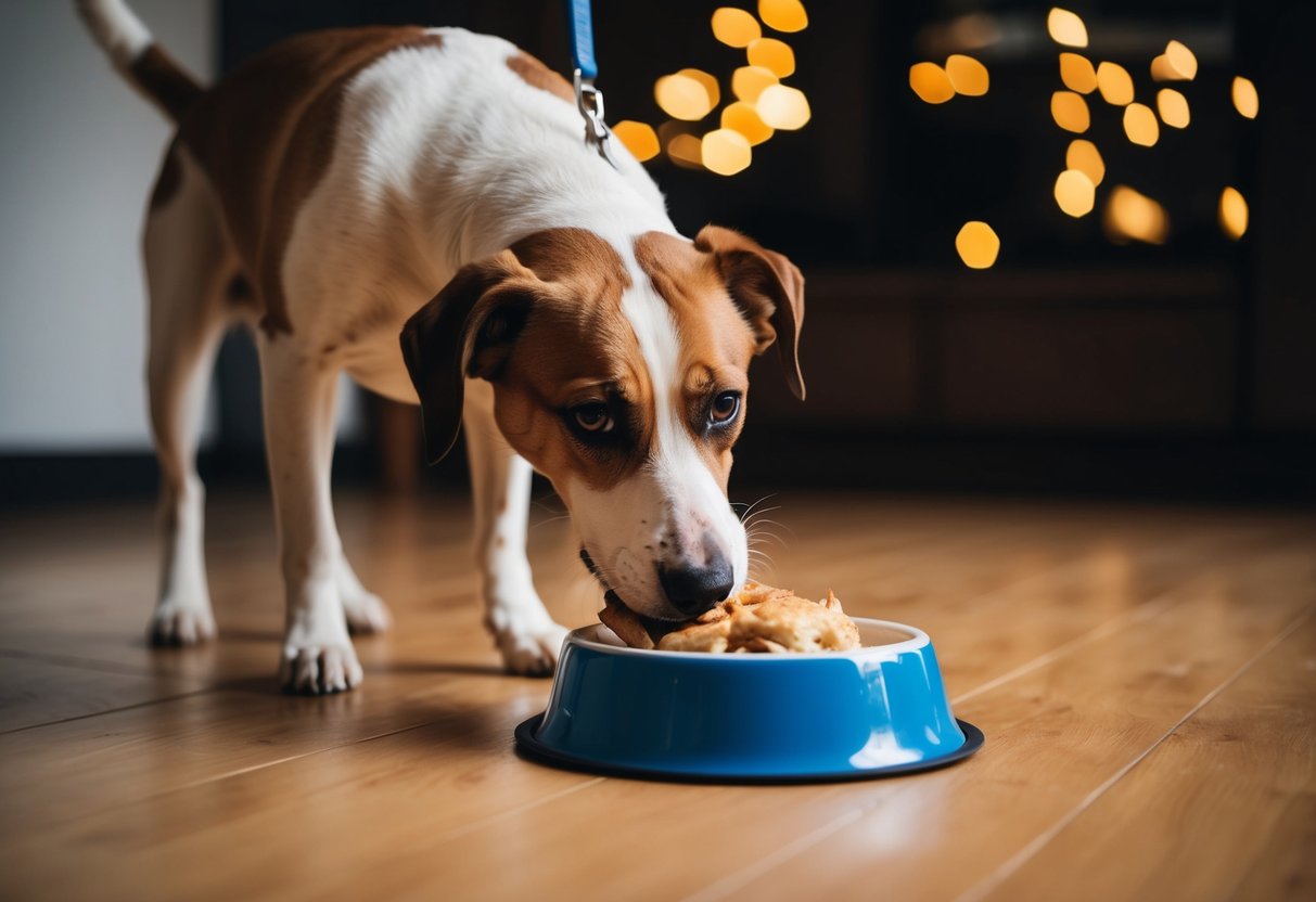 A dog happily eating boiled chicken from a food bowl on the floor