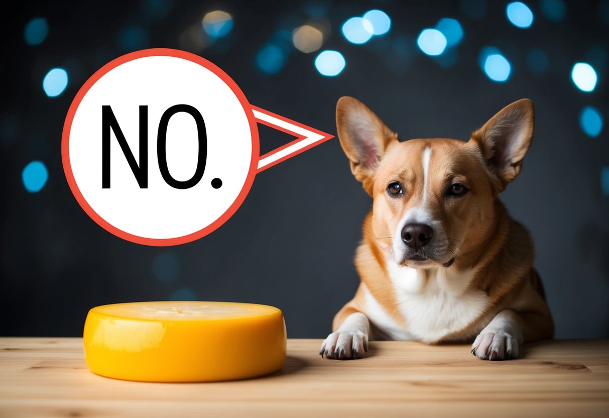 A dog sits beside a cheese wheel, looking sad as a "no" symbol hovers above