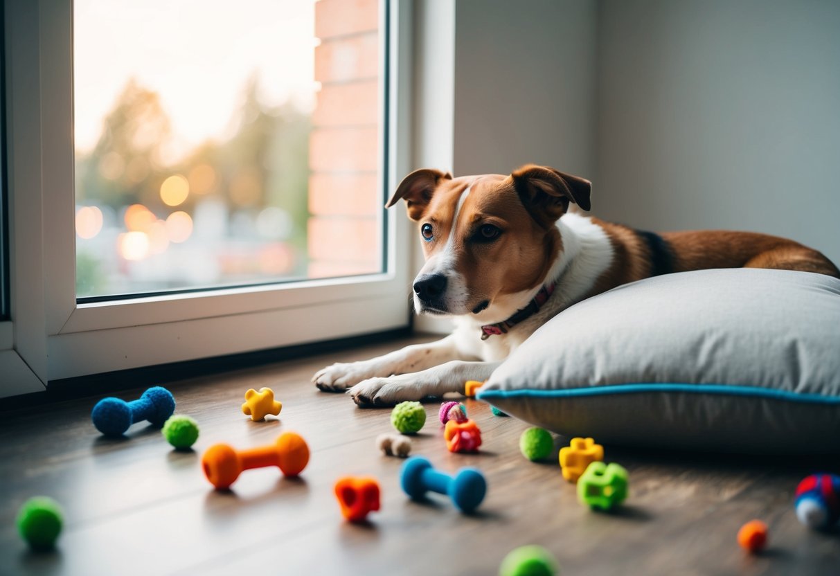 A dog laying on the floor, surrounded by scattered toys and a chewed-up pillow, gazing out the window with a bored expression