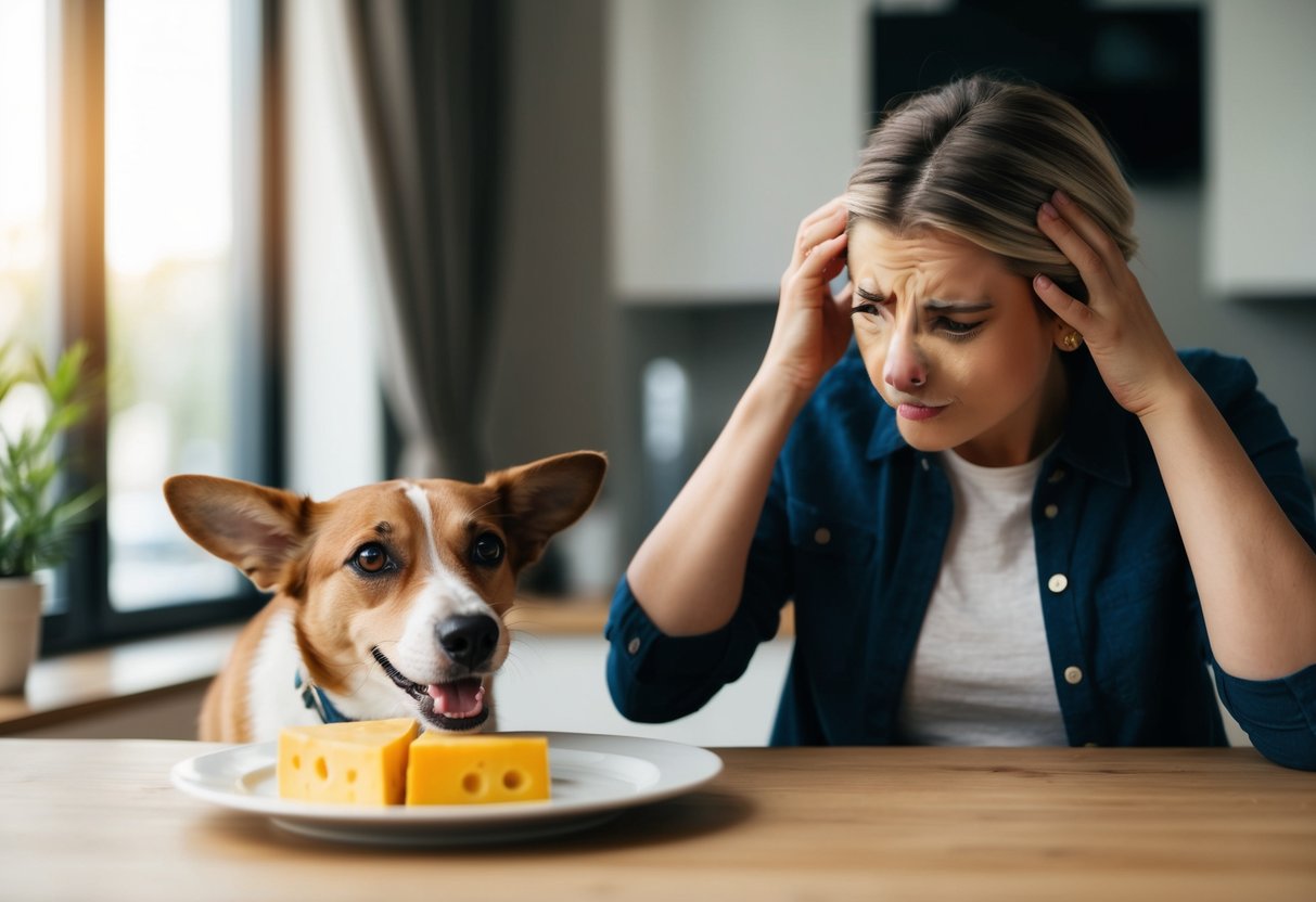 A dog eagerly approaches a plate of cheese, but a concerned owner pulls it away, shaking their head