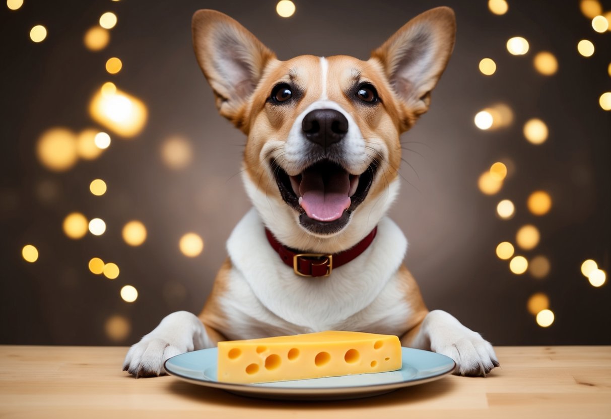 A happy dog sitting in front of a plate of cheese, eagerly looking up at it with anticipation