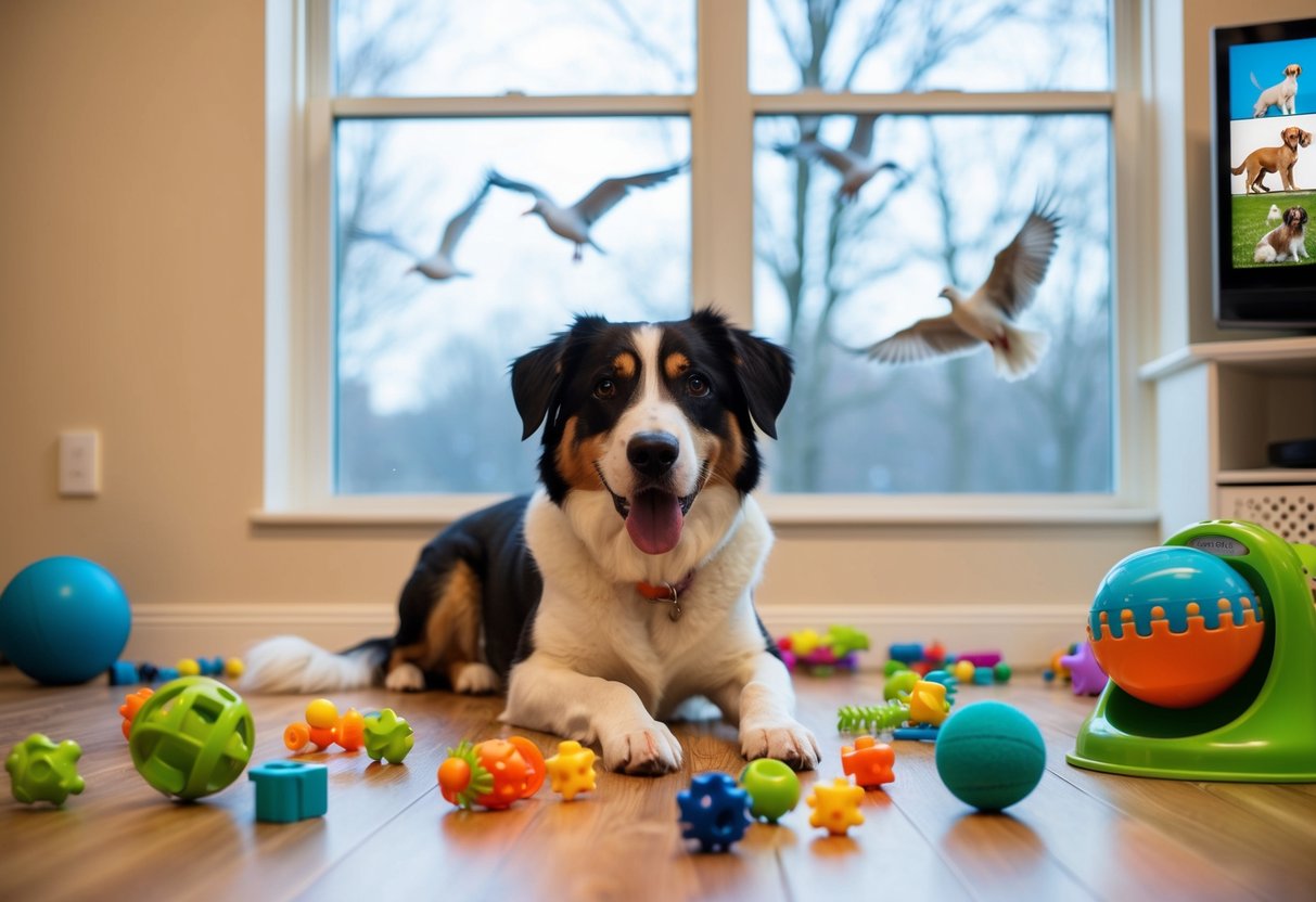 A dog surrounded by scattered toys, a puzzle feeder, and a treat-dispensing ball, with a window showing passing birds and a TV playing animal videos
